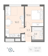 МЖК «Пулково Lake», планировка 1-комнатной квартиры, 33.80 м²