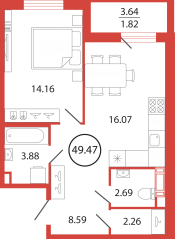 ЖК «Энфилд», планировка 1-комнатной квартиры, 49.47 м²