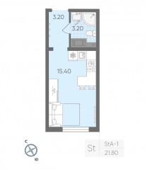 ЖК «Ручьи», планировка студии, 21.80 м²