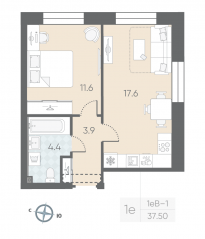 ЖК «ЛСР. Большая Охта», планировка 1-комнатной квартиры, 37.50 м²