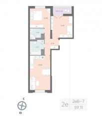 ЖК «Цивилизация на Неве», планировка 2-комнатной квартиры, 59.11 м²