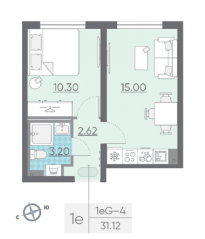 ЖК «Ручьи», планировка 1-комнатной квартиры, 30.90 м²