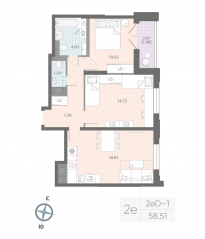 ЖК «Цивилизация на Неве», планировка 2-комнатной квартиры, 58.51 м²