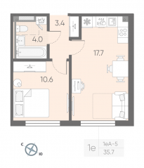 МЖК «Пулково Lake», планировка 1-комнатной квартиры, 35.70 м²