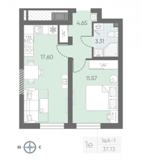 ЖК «Морская миля», планировка студии, 37.30 м²