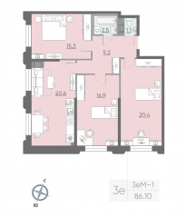 ЖК «Цивилизация на Неве», планировка 3-комнатной квартиры, 85.00 м²