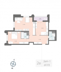 ЖК «Цивилизация на Неве», планировка 2-комнатной квартиры, 69.93 м²