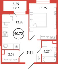 ЖК «Энфилд», планировка 1-комнатной квартиры, 40.72 м²