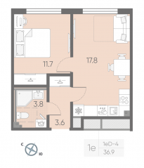 МЖК «Пулково Lake», планировка 1-комнатной квартиры, 36.90 м²