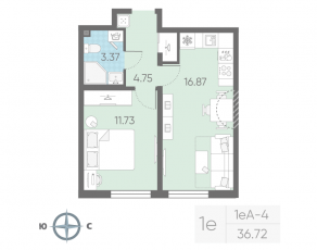 ЖК «Морская миля», планировка 1-комнатной квартиры, 36.72 м²