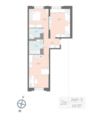 ЖК «Цивилизация на Неве», планировка 2-комнатной квартиры, 62.87 м²