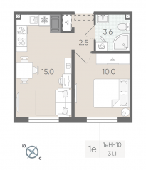 ЖК «Цветной город», планировка 1-комнатной квартиры, 31.10 м²