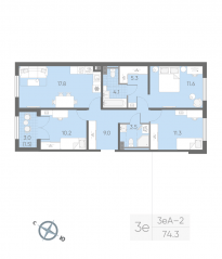 МЖК «Пулково Lake», планировка 3-комнатной квартиры, 74.30 м²