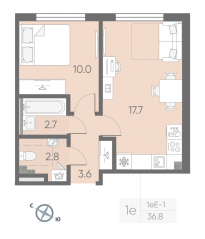 МЖК «Пулково Lake», планировка 1-комнатной квартиры, 36.80 м²