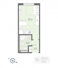МЖК «Пулково Lake», планировка студии, 21.50 м²