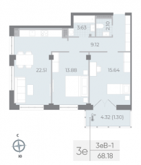 ЖК «Neva Residence», планировка 2-комнатной квартиры, 68.80 м²