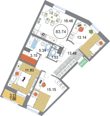 ЖК «Modum», планировка 3-комнатной квартиры, 83.74 м²