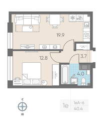 ЖК «ЛСР. Измайловский», планировка 1-комнатной квартиры, 40.40 м²