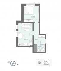 ЖК «Ручьи», планировка 1-комнатной квартиры, 34.90 м²