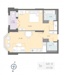 ЖК «Цивилизация на Неве», планировка 1-комнатной квартиры, 49.08 м²