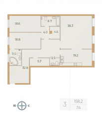ЖК «Neva Haus», планировка 3-комнатной квартиры, 158.20 м²
