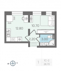 ЖК «ЛСР. Ржевский парк», планировка 1-комнатной квартиры, 28.70 м²
