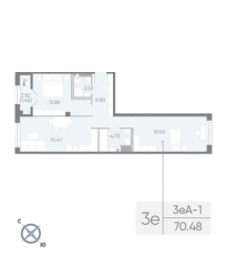 ЖК «Neva Residence», планировка 2-комнатной квартиры, 70.50 м²