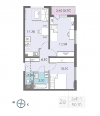 ЖК «ЛСР. Ржевский парк», планировка 2-комнатной квартиры, 50.10 м²