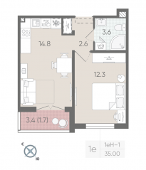 ЖК «Цветной город», планировка 1-комнатной квартиры, 35.00 м²