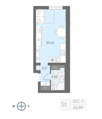 ЖК «Морская миля», планировка студии, 26.73 м²