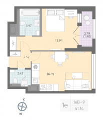 ЖК «Цивилизация на Неве», планировка 1-комнатной квартиры, 41.14 м²