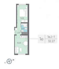 ЖК «Ручьи», планировка 1-комнатной квартиры, 32.20 м²