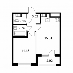 ЖК «Квартал Заречье», планировка 1-комнатной квартиры, 36.34 м²