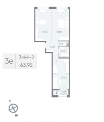 ЖК «Neva Residence», планировка 2-комнатной квартиры, 64.60 м²