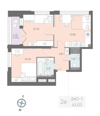 ЖК «Цивилизация на Неве», планировка 2-комнатной квартиры, 43.03 м²