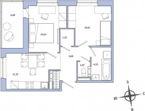 ЖК «Янила», планировка 2-комнатной квартиры, 51.85 м²