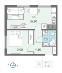 ЖК «ЛСР. Ржевский парк», планировка 1-комнатной квартиры, 33.10 м²