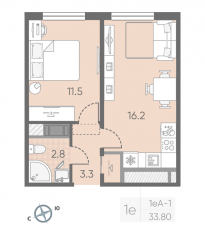 ЖК «Октябрьская набережная», планировка 1-комнатной квартиры, 33.80 м²