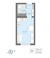 ЖК «Ручьи», планировка студии, 20.70 м²