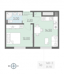 ЖК «ЛСР. Ржевский парк», планировка 1-комнатной квартиры, 31.70 м²