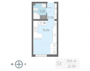 ЖК «Морская миля», планировка студии, 21.39 м²