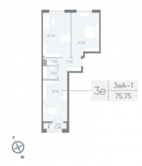 ЖК «Neva Residence», планировка 2-комнатной квартиры, 76.40 м²