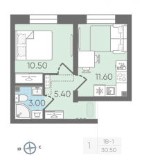 ЖК «ЛСР. Ржевский парк», планировка 1-комнатной квартиры, 30.50 м²