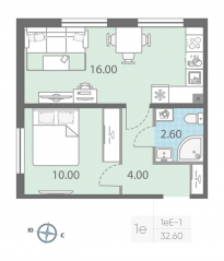 ЖК «ЛСР. Ржевский парк», планировка 1-комнатной квартиры, 32.60 м²