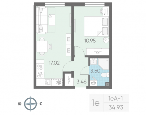 ЖК «Морская миля», планировка 1-комнатной квартиры, 34.93 м²
