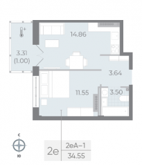 ЖК «Neva Residence», планировка 1-комнатной квартиры, 34.60 м²