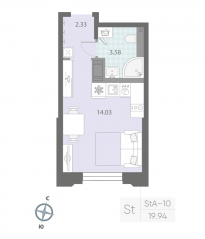 ЖК «Цивилизация на Неве», планировка студии, 19.94 м²