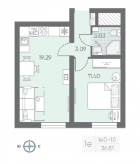 ЖК «Морская миля», планировка 1-комнатной квартиры, 36.97 м²