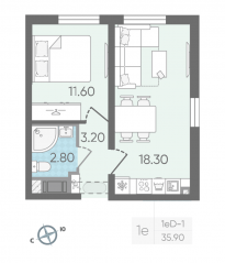 ЖК «Октябрьская набережная», планировка 1-комнатной квартиры, 35.90 м²