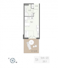 МЖК «Пулково Lake», планировка студии, 25.10 м²